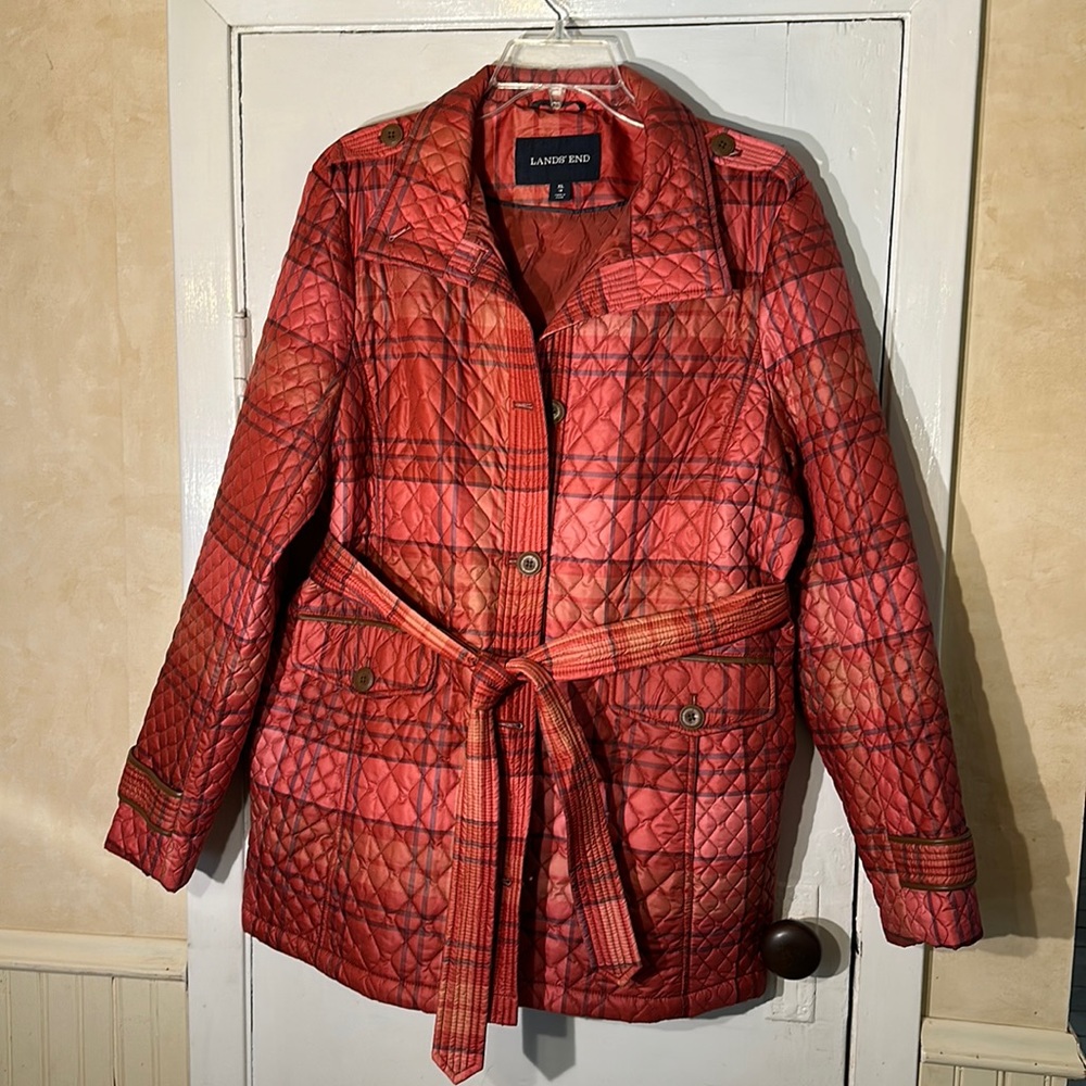 Lands End sz 16 quilted plaid coat jacket trench carcoat spring fall orange NWOT